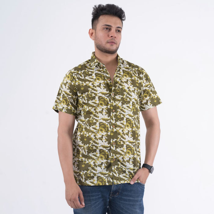 Half Sleeves Beach Green Floral Print Casual Shirt