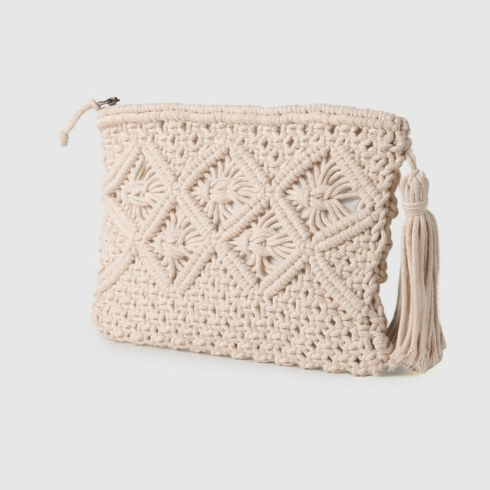 Cream Macrame Envelope Zipper Clutch