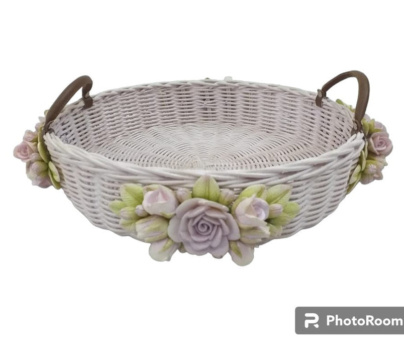 Rose Embellished Leather Handle Basket (Pink)