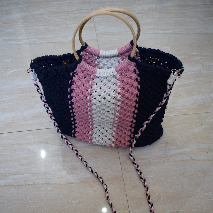 Boho Macrame Navy Wave Handmade Tote Bag