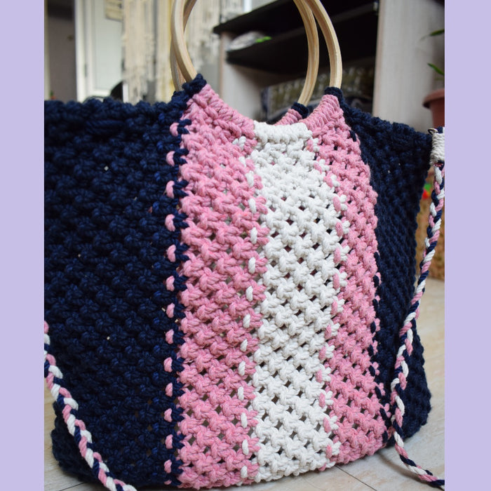 Boho Macrame Navy Wave Handmade Tote Bag