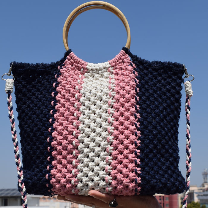 Boho Macrame Navy Wave Handmade Tote Bag