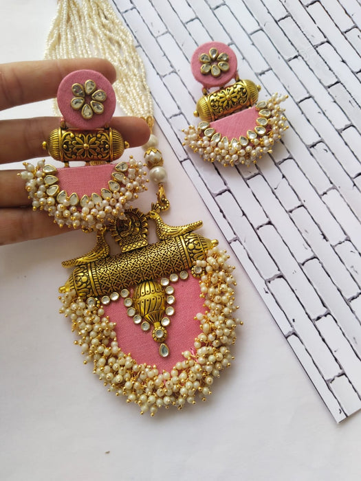 Baby Pink And Golden Necklace And Earrings Fabric Set