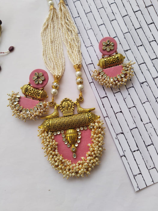 Baby Pink And Golden Necklace And Earrings Fabric Set