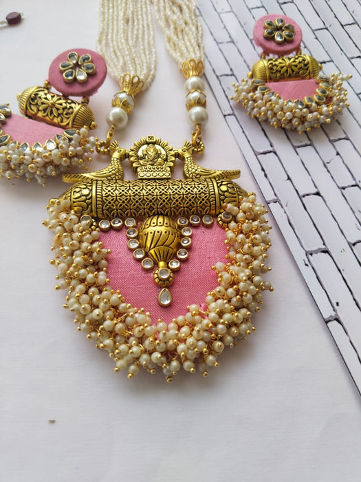 Baby Pink And Golden Necklace And Earrings Fabric Set