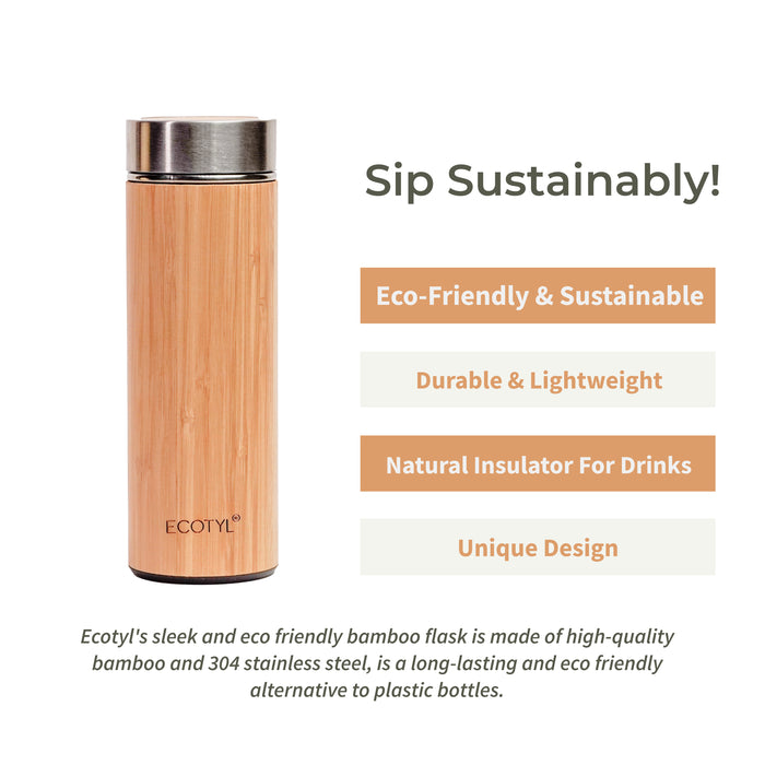 Bamboo Stainless Steel Insulated Flask With Strainer - 450 Ml