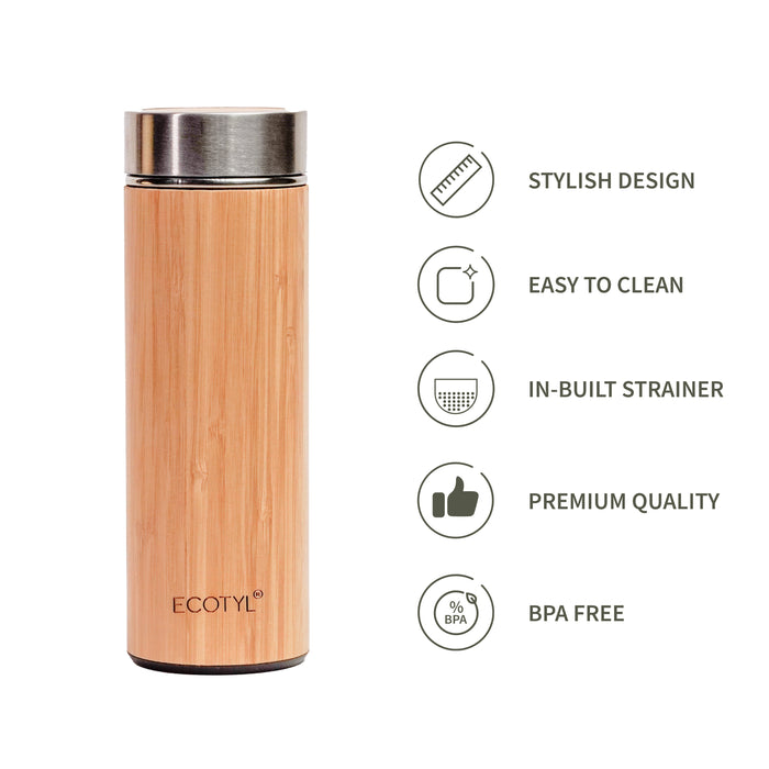 Bamboo Stainless Steel Insulated Flask With Strainer - 450 Ml