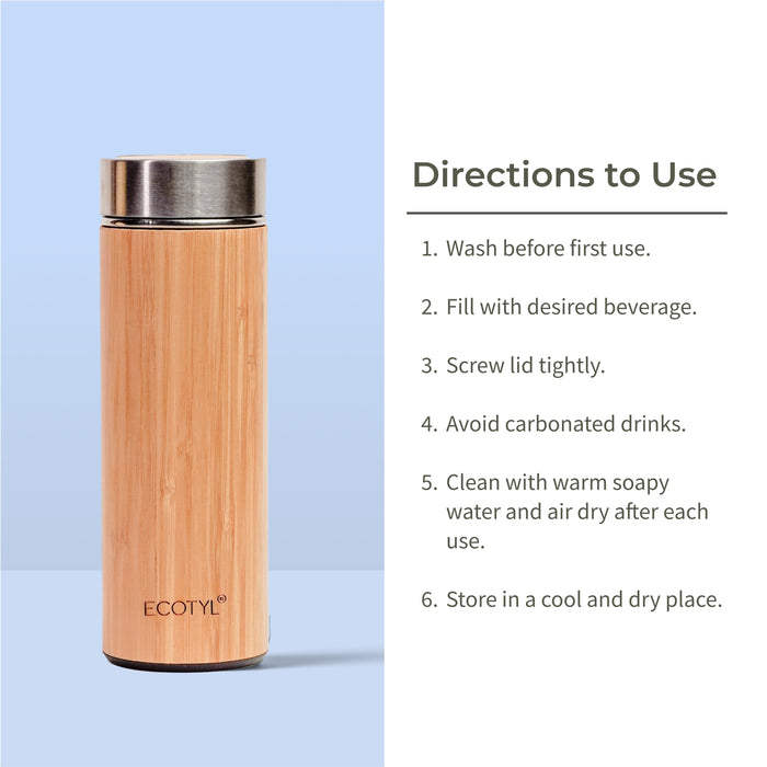 Bamboo Stainless Steel Insulated Flask With Strainer - 450 Ml