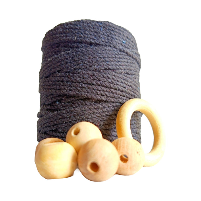 Cotton 3Mm Cords/Thread/Dori With Free Wooden Beads And Ring (100 Meters) (Black)