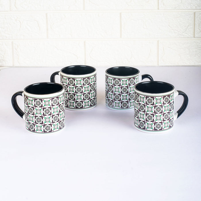 Vintage Tile Pattern Ceramic Tea cups - Set of 4 - Black and Green