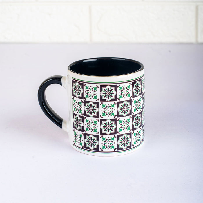 Vintage Tile Pattern Ceramic Tea cups - Set of 4 - Black and Green