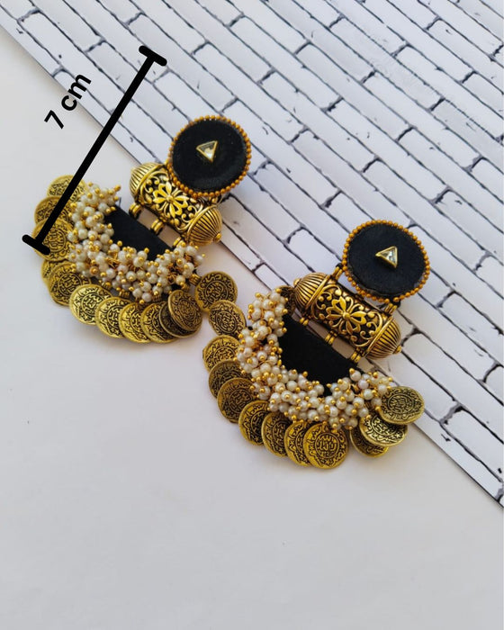 Black Heavy Golden Coins Beaded Jhumka