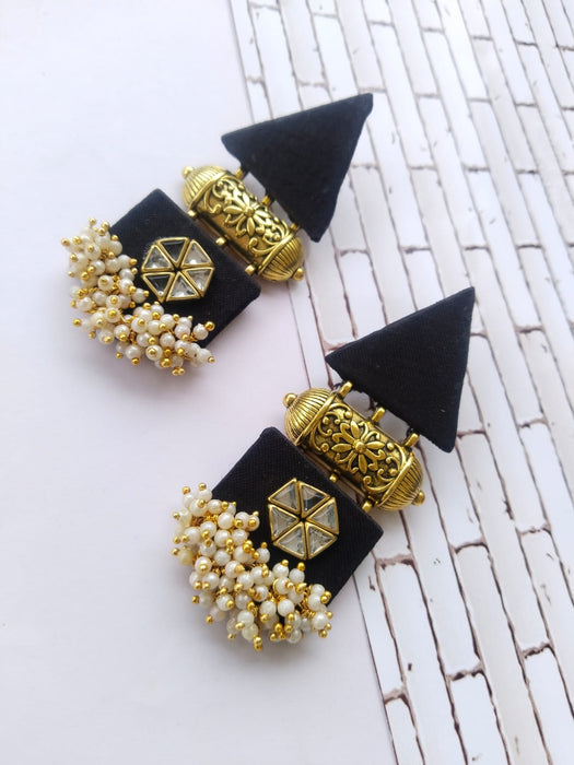 Black and gold triangular fabric earrings