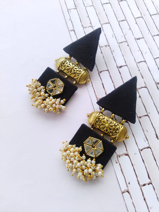 Black and gold triangular fabric earrings