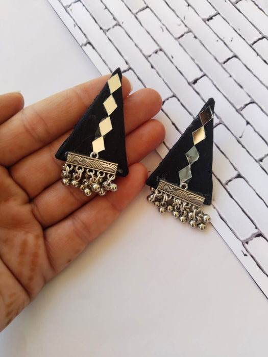 Black And Silver Mirror Triangular Studs Earrings For Women