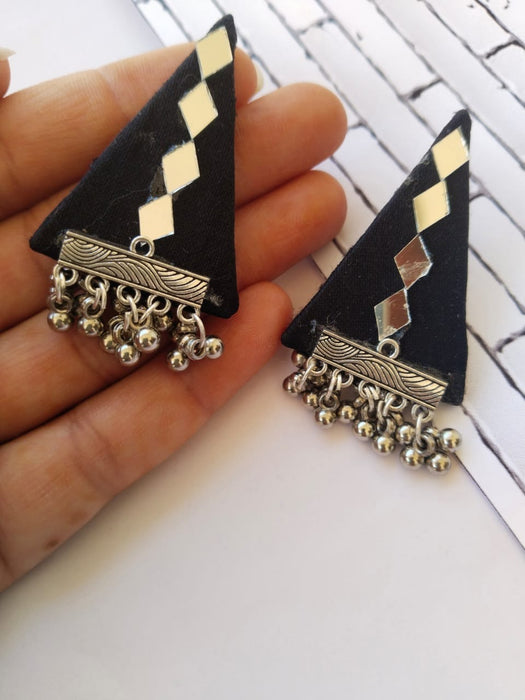 Black And Silver Mirror Triangular Studs Earrings For Women