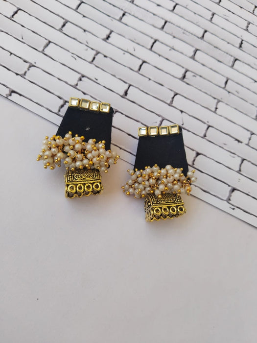 Black And Golden Beaded Jhumka Earrings