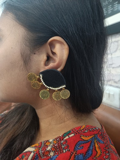 Black Semi Circular Beaded Studs Earrings For Women