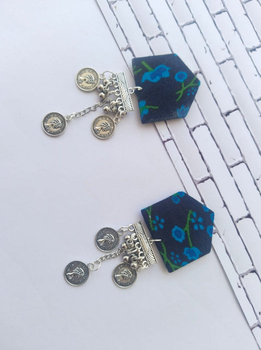 Dark Blue Floral Printed Chain Earrings For Women