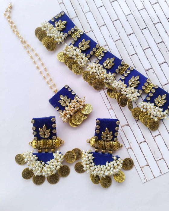 Blue Kundan Silver And Golden Beads Necklace Tika And Earrings Set