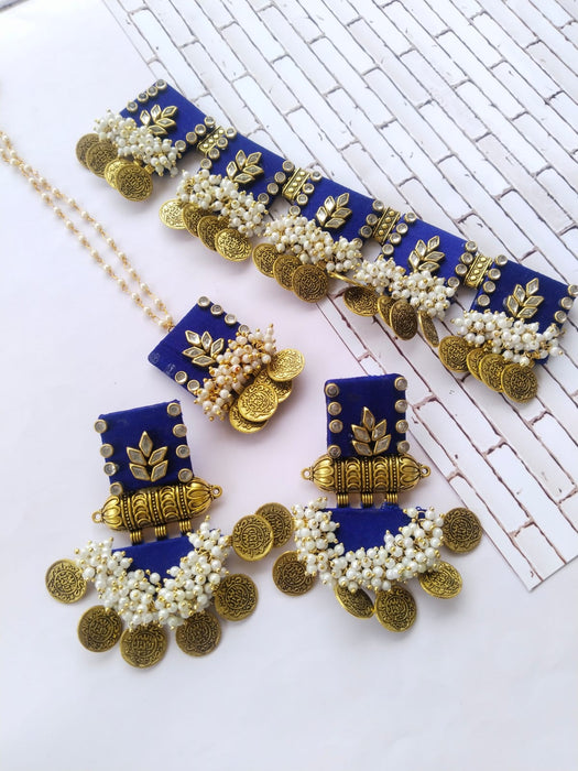Blue Kundan Silver And Golden Beads Necklace Tika And Earrings Set