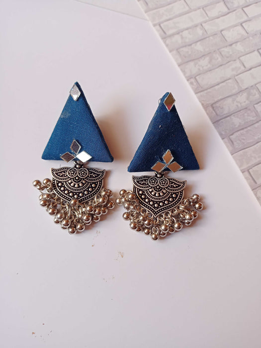 Blue Triangular Jhumka Earrings With Silver Charm