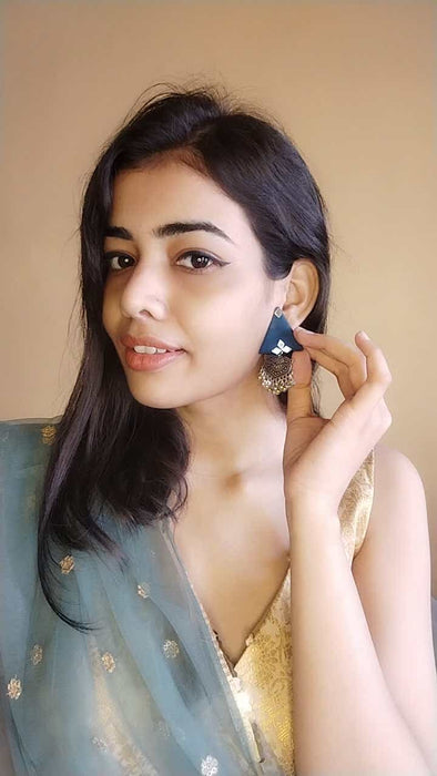 Blue Triangular Jhumka Earrings With Silver Charm