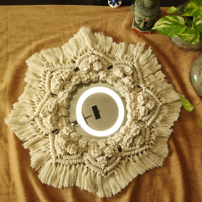 Bonded Tops Off White Macrame Mandala Wall Mirror