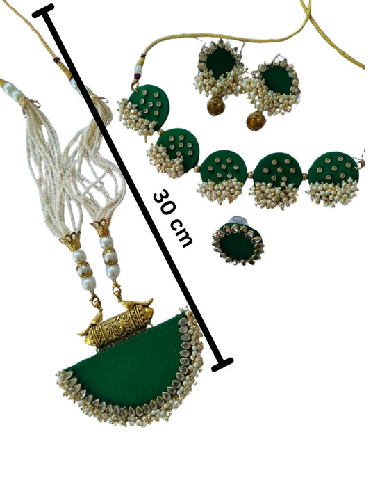 Dark Green Golden Choker Long Necklace And Earrings Set