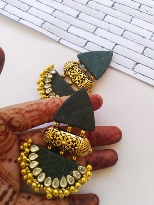 Bottle Green And Golden Beaded Earrings