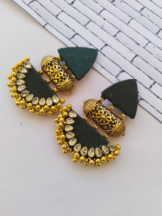 Bottle Green And Golden Beaded Earrings