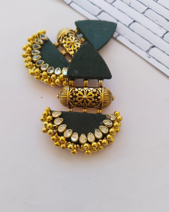 Bottle Green And Golden Beaded Earrings