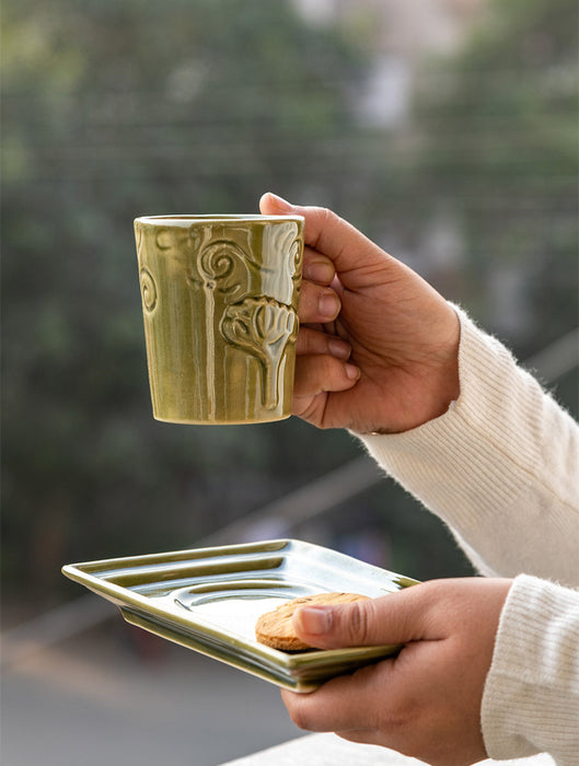 Ceramic Stoneware Breeze Mug Plate Set - Olive