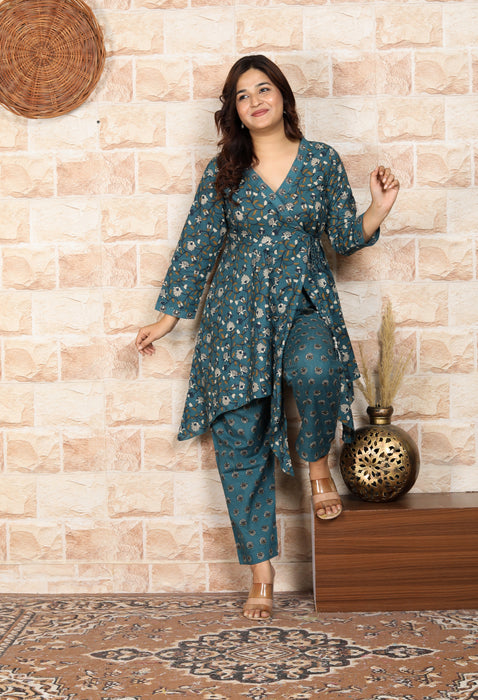 Women's Modal Muslin Chanderi Full sleeve 2 Pieces Coord Set C08 Teal