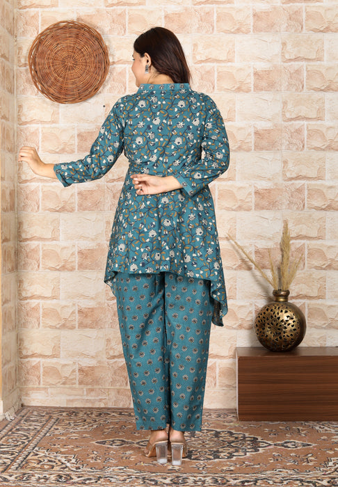 Women's Modal Muslin Chanderi Full sleeve 2 Pieces Coord Set C08 Teal