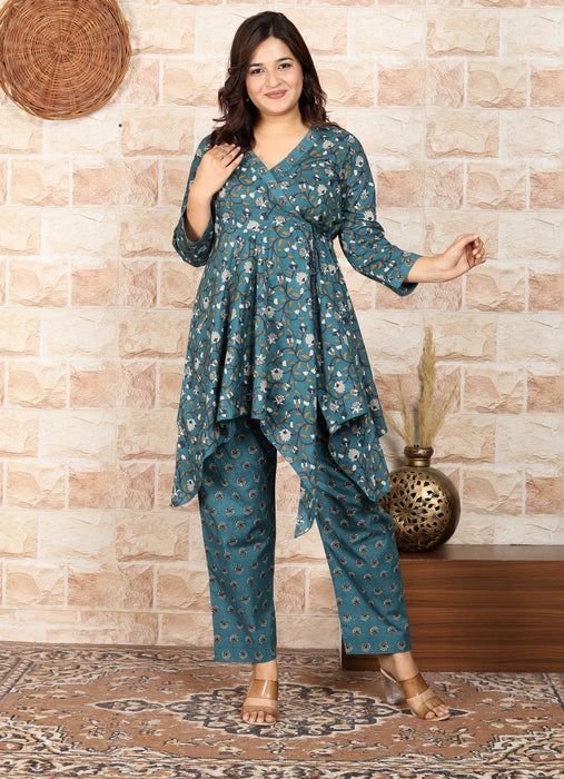 Women's Modal Muslin Chanderi Full sleeve 2 Pieces Coord Set C08 Teal