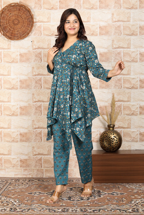 Women's Modal Muslin Chanderi Full sleeve 2 Pieces Coord Set C08 Teal