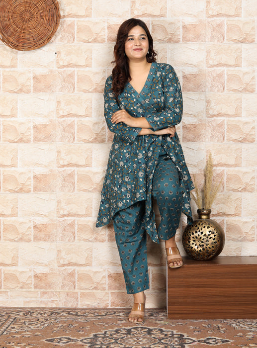 Women's Modal Muslin Chanderi Full sleeve 2 Pieces Coord Set C08 Teal