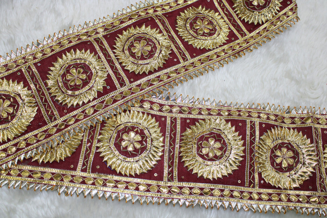 Maroon Geometric Splendor: Circular Gota Handwork Trim