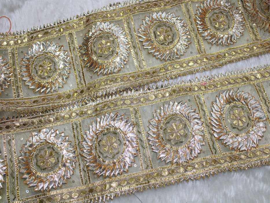 Transparent Gold Geometric Opulence: Circular Gota Handwork Trim