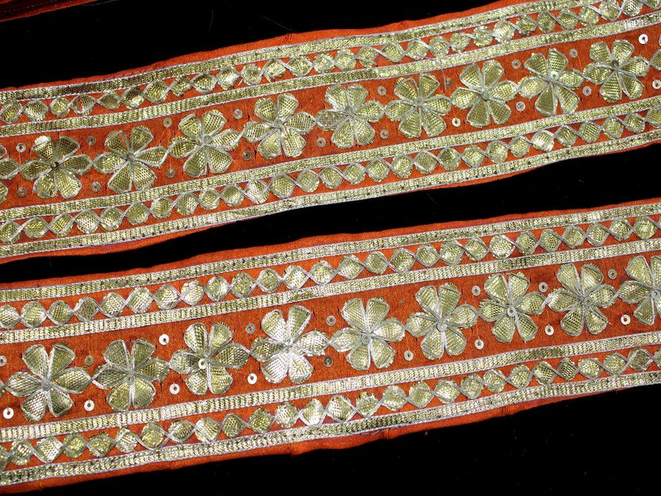 Sunset Blossom: Orange Gota Trim with Golden Floral Handwork