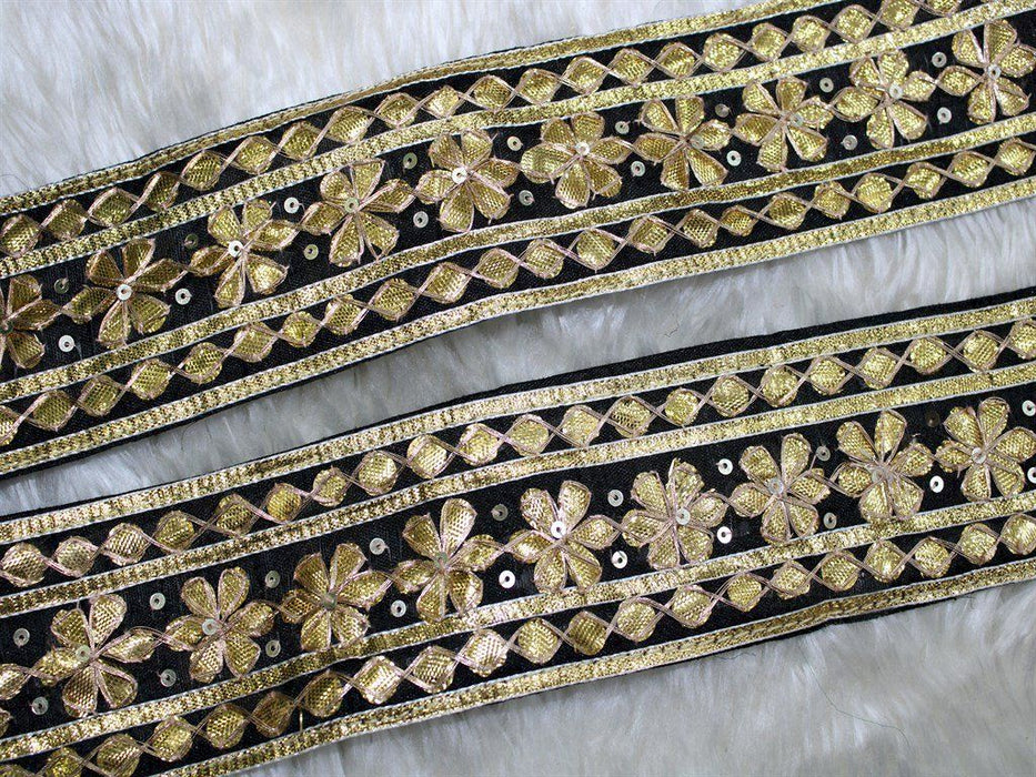 Midnight Bloom: Black Gota Trim with Golden Floral Handwork