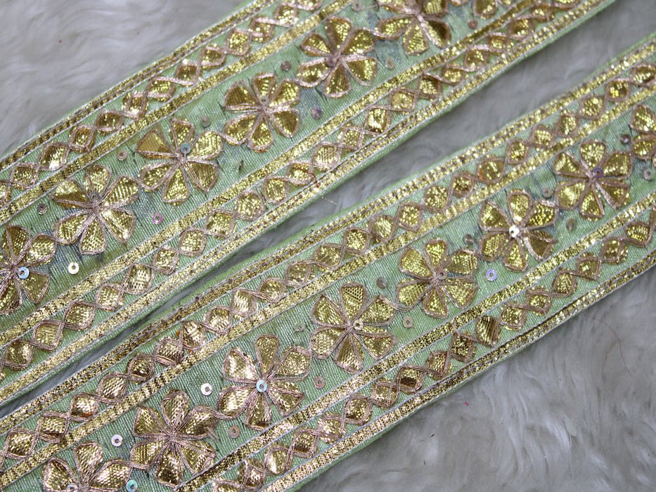 Springtime Serenity: Light Green Gota Trim with Golden Floral Handwork