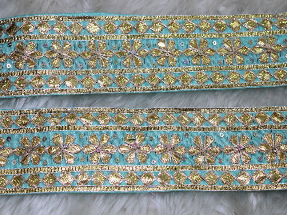 Sky Blue Whimsy: Light Blue Gota Trim with Golden Floral Handwork