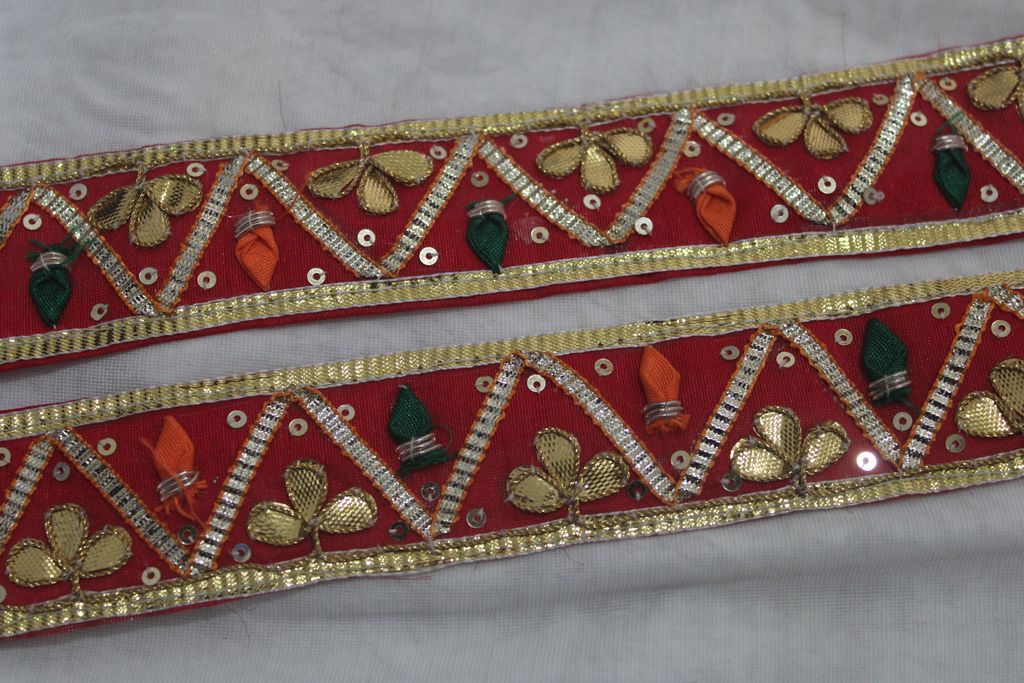 Crimson Kaleidoscope: Red Gota Trim with Multicolor Handwork