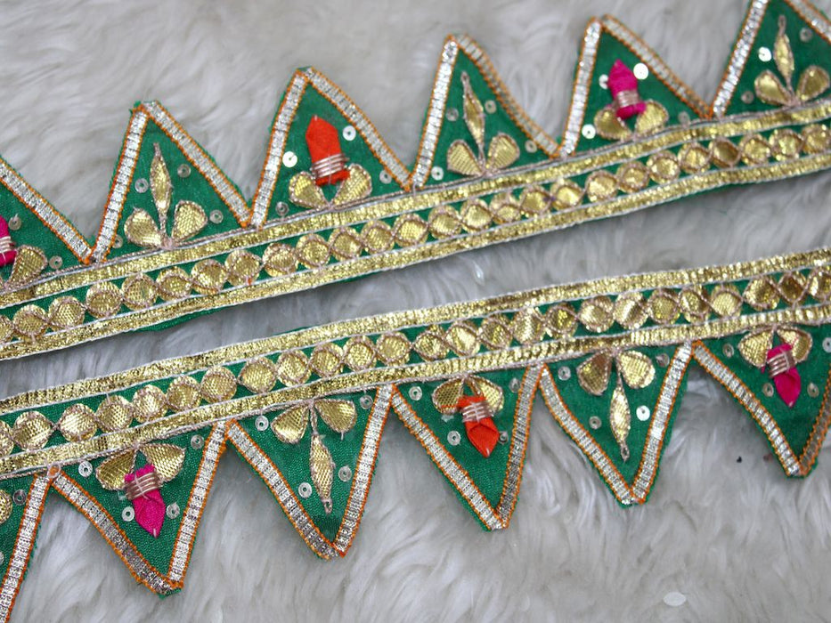 Emerald Essence: Green Transparent Triangle Handwork Gota Trim