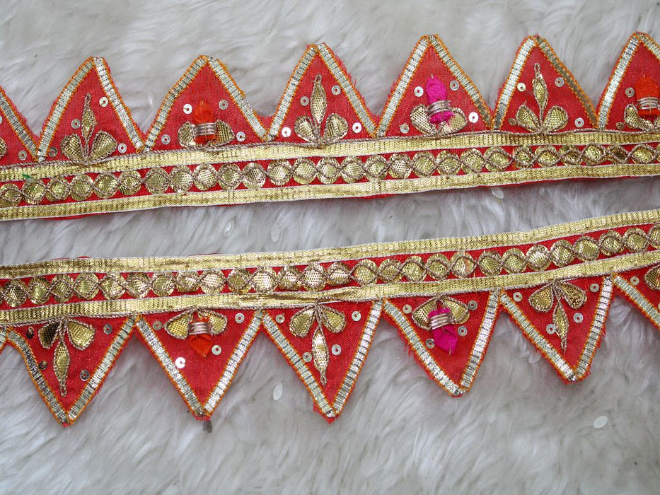 Crimson Prism: Red Transparent Triangle Handwork Gota Trim