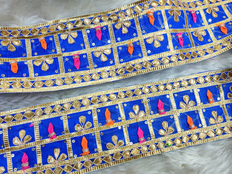 Sapphire Majesty: Royal Blue Gota with Multicolor Threadwork Trim