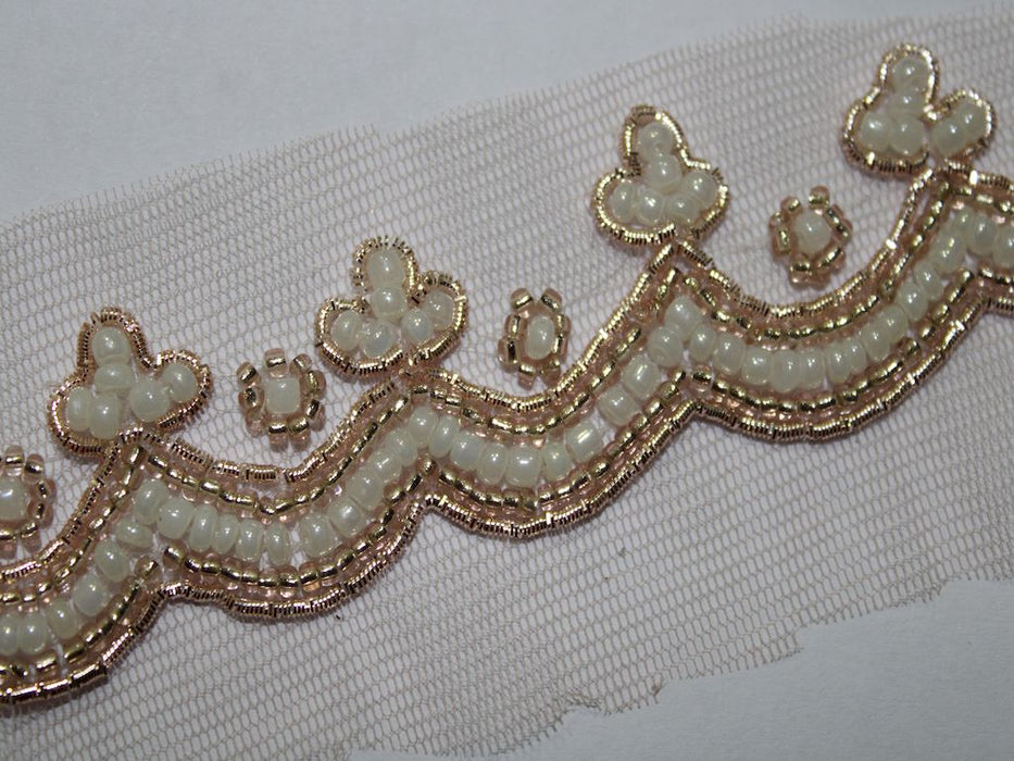 Pearl Radiance: White Pearl with Golden Zari Handwork Trim