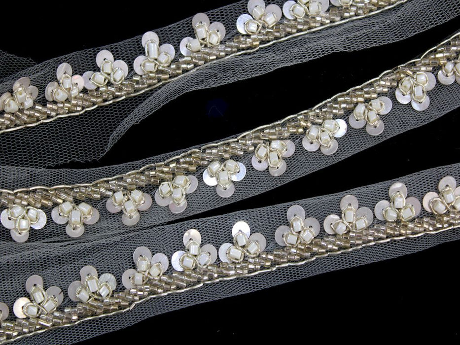 Ivory Radiance: Sequin with Golden Zari Handwork Trim